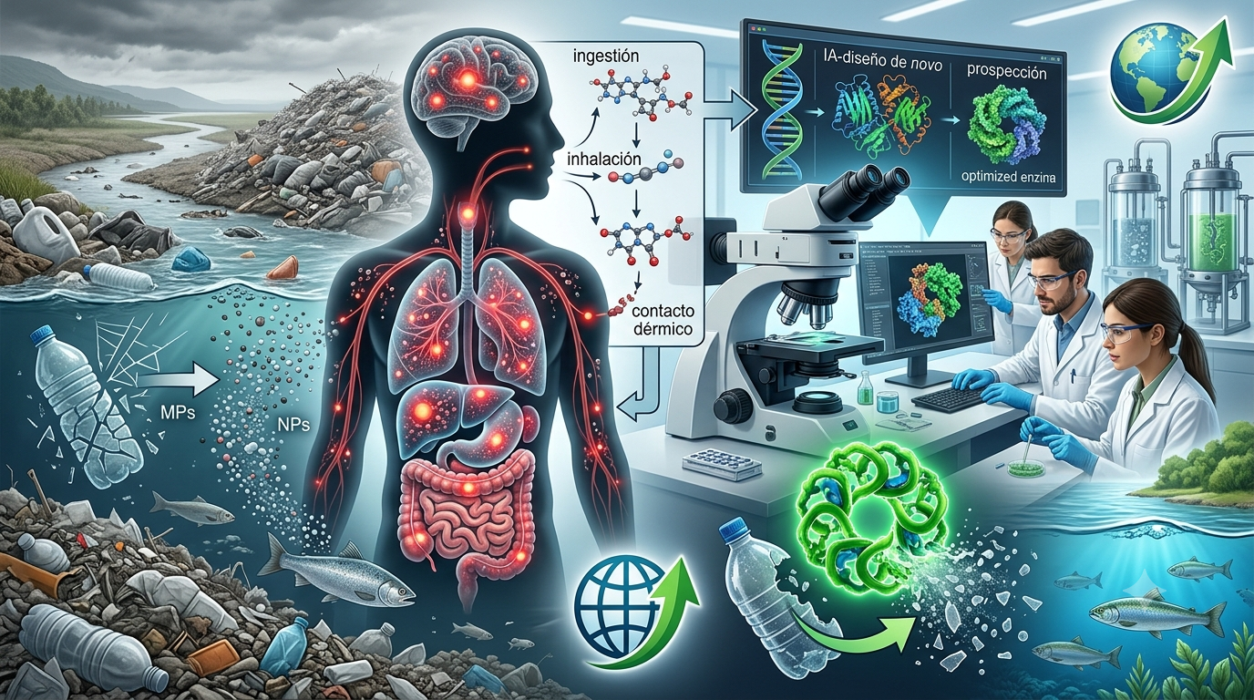 Esta es una composición visual detallada que ilustra el ciclo completo de la contaminación por plásticos, desde sus efectos nocivos en la salud humana hasta las soluciones tecnológicas avanzadas.
